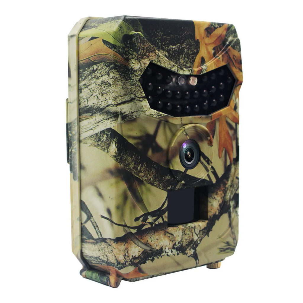 Yellow brown plastic hunting game camera with infrared LEDs and lens for outdoor wildlife monitoring