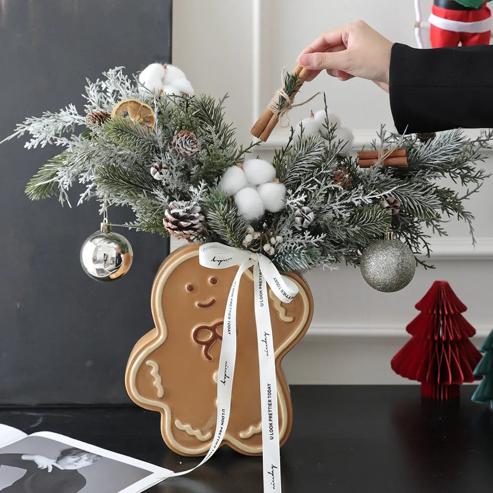 Hand-painted glazed ceramic vase in gingerbread man shape for Christmas home decoration with red shoes option