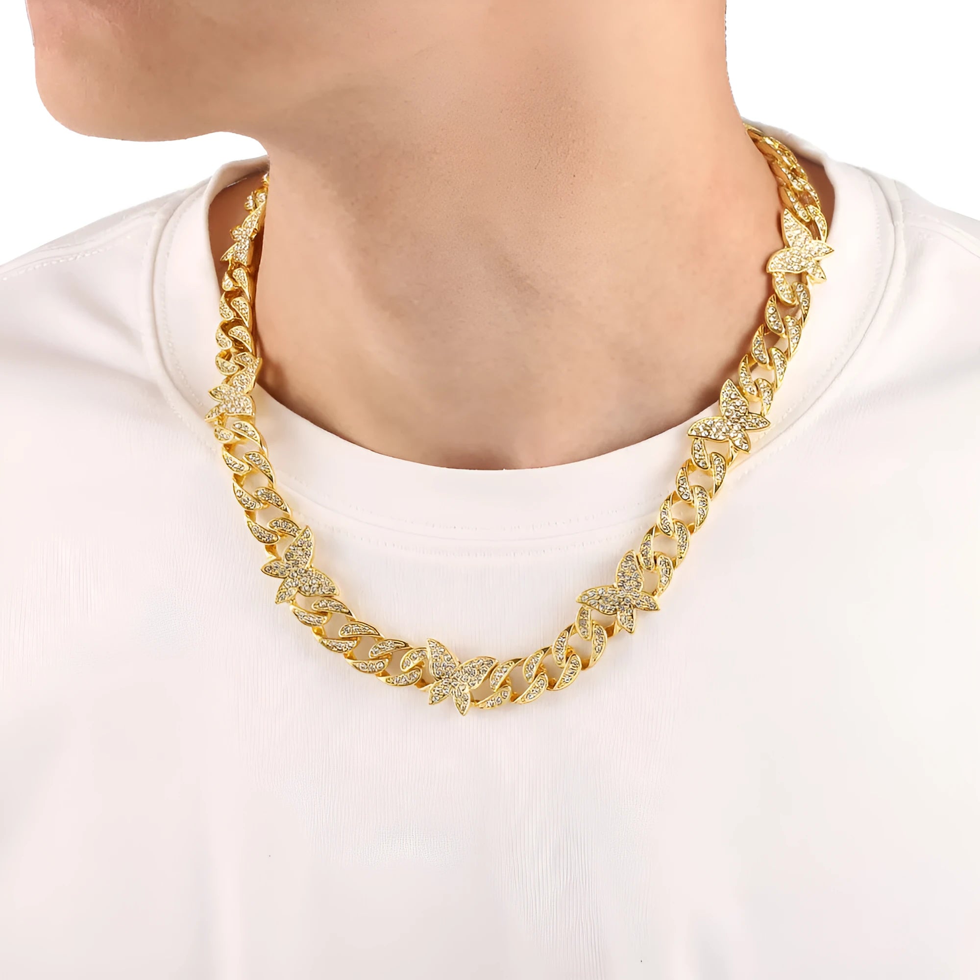 Small butterfly chain diamond rhinestone necklace in gold alloy with geometric pendant on 46cm chain