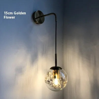 Modern simple glass wall bedside lamp in Golden Flower or Silver Flower finish, 15cm or 20cm size.