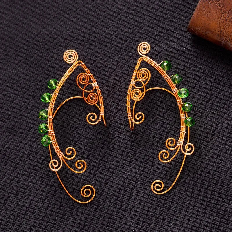 Copper elf ear loop earrings for women, electroplated vintage green geometric design