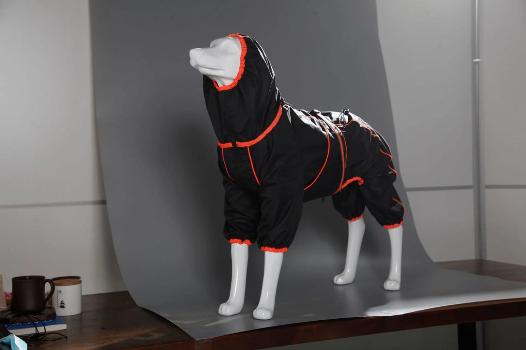 Red cotton-padded dog shell jacket on a medium-sized dog, showing sporty style and fastened front.