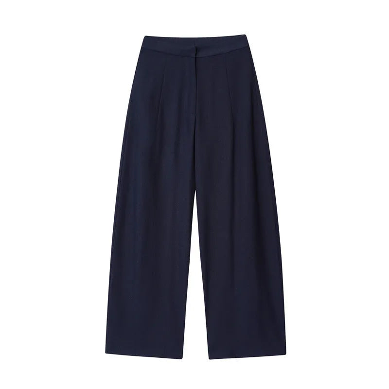 Women's linen-blend two-piece clothing set with a flounce-sleeve top and wide-leg trousers.