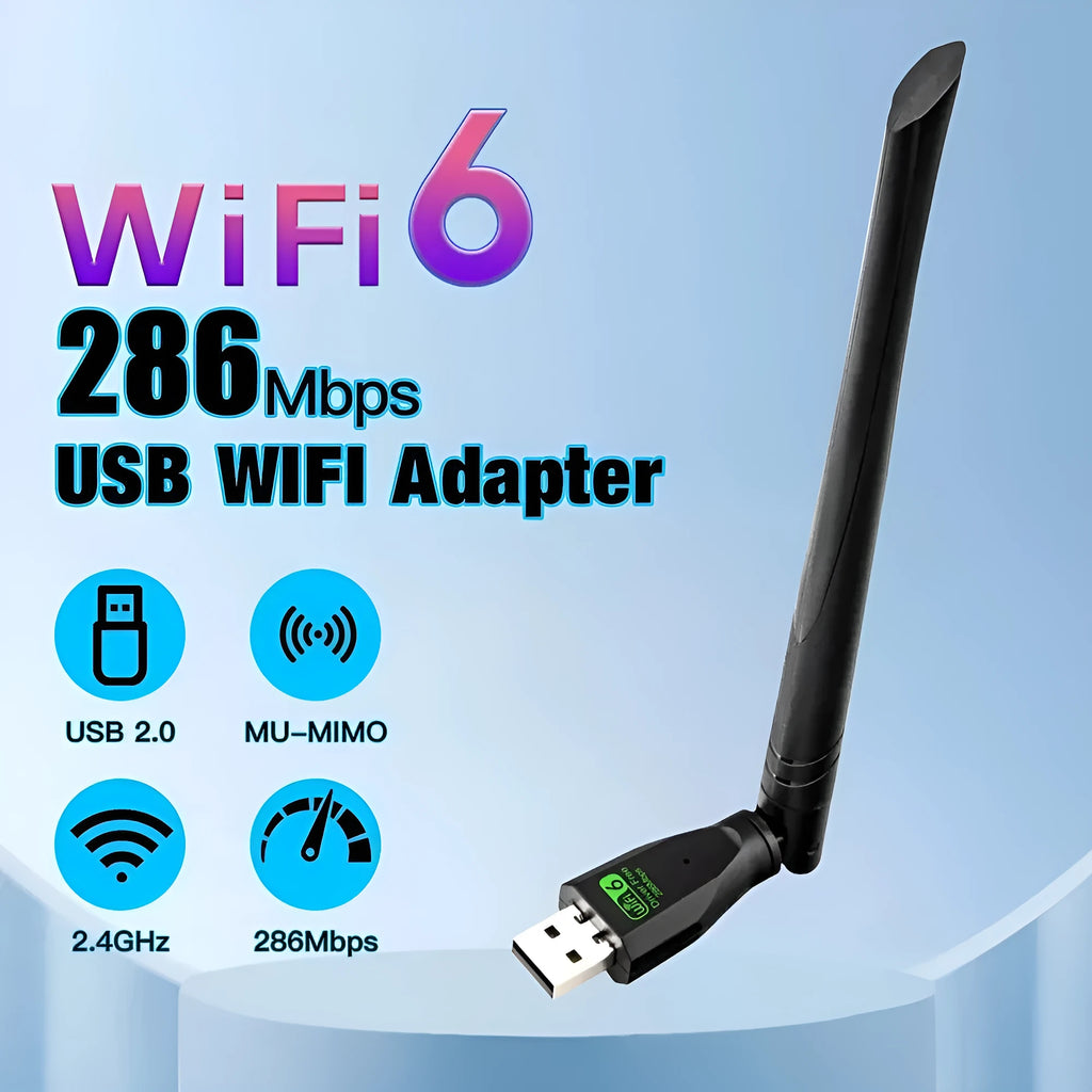 Black USB WiFi 6 wireless network card adapter on a white background.