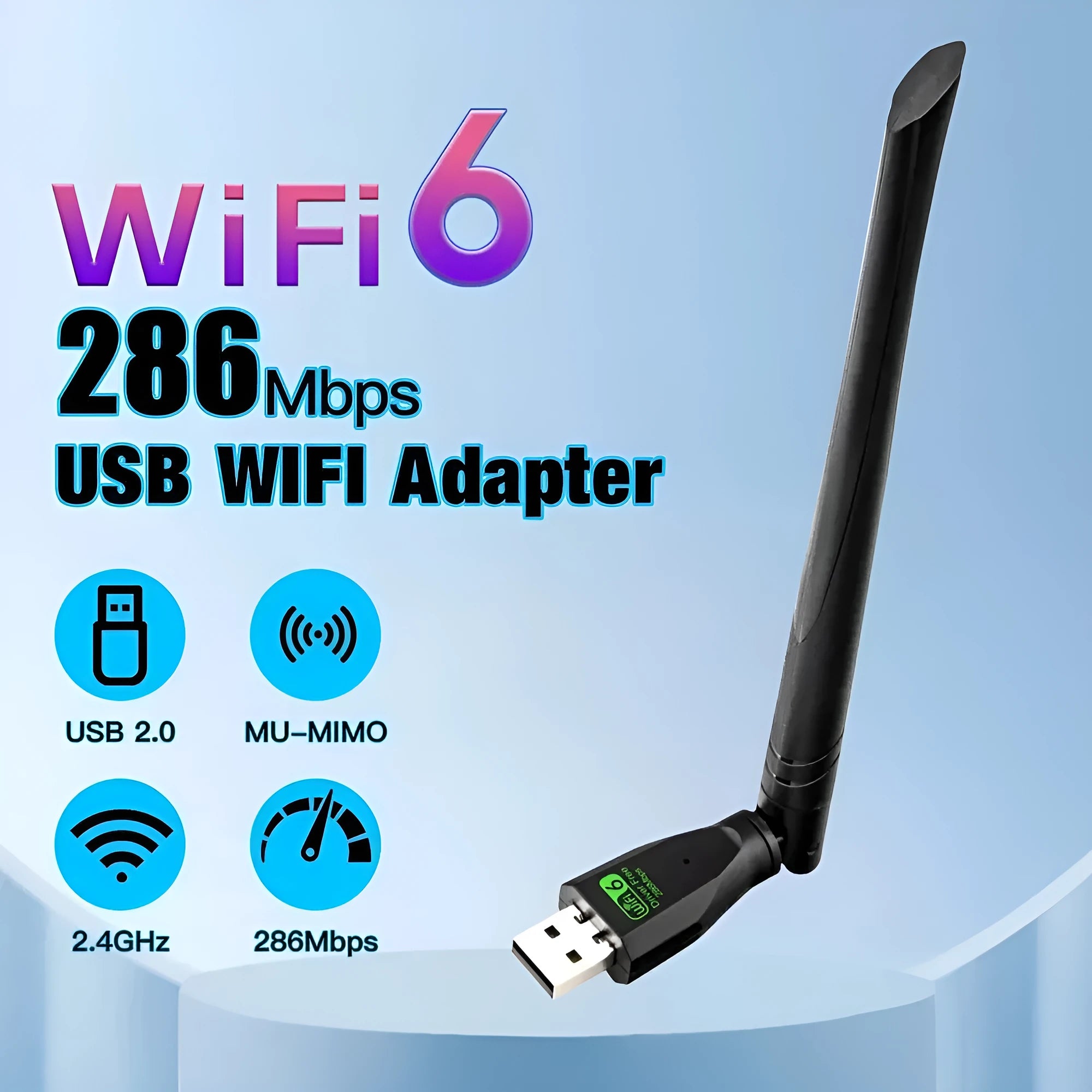Black USB WiFi 6 wireless network card adapter on a white background.