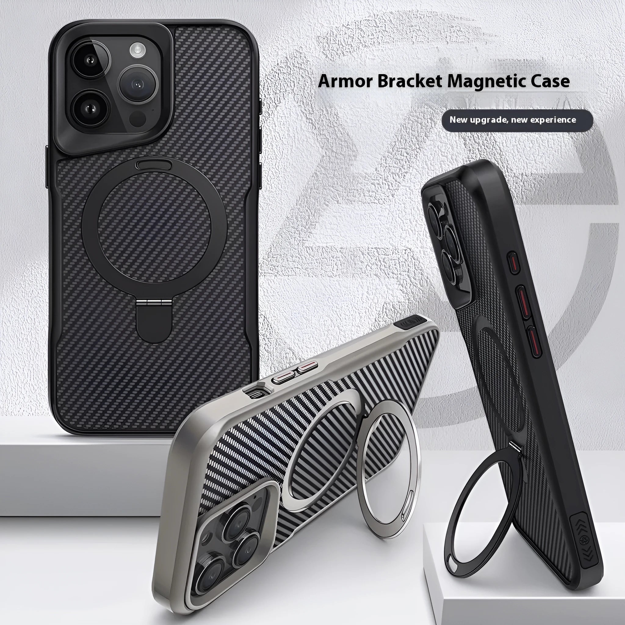 Carbon fiber magnetic bracket phone case for iPhone 16 Pro Max in black with frosted finish and built-in stand