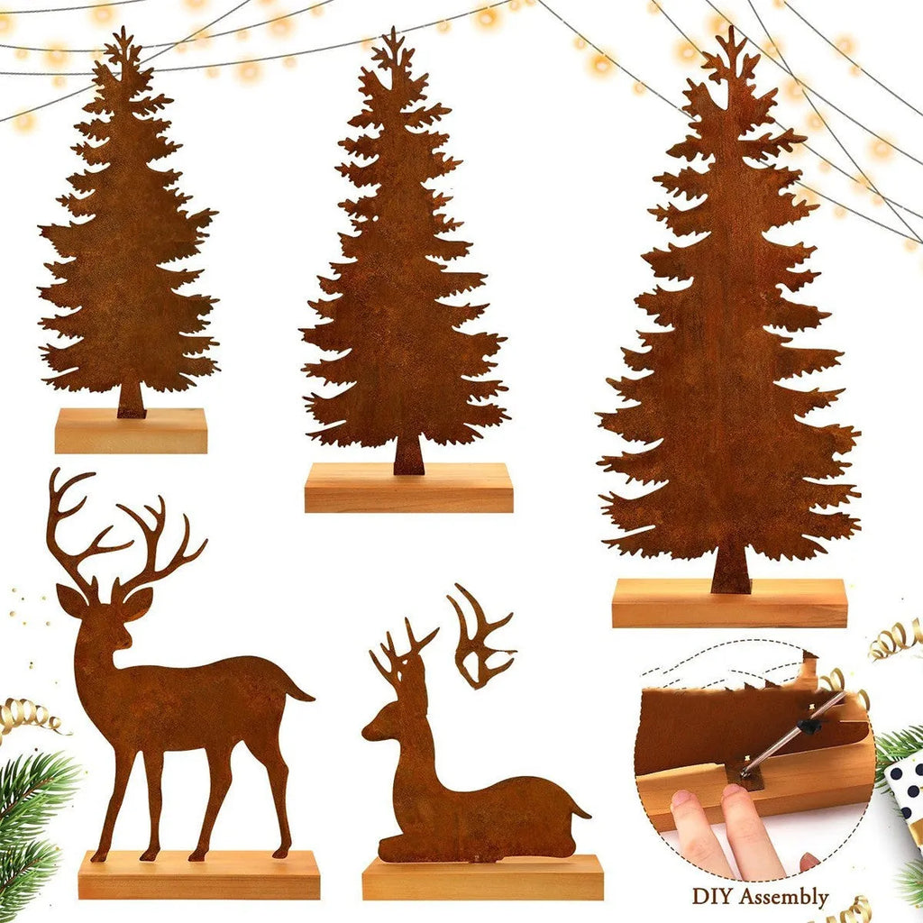 Three metal Christmas tree ornaments with rusty finish featuring elk designs