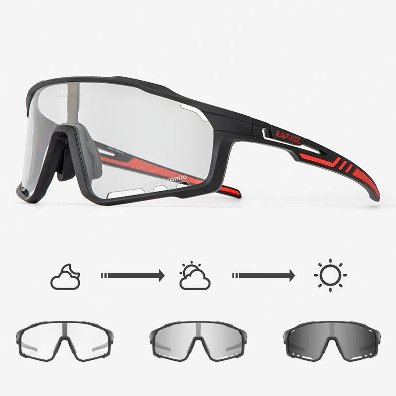 Photochromic cycling sunglasses with semi-rimless TR90 frame in one of 14 colour options.