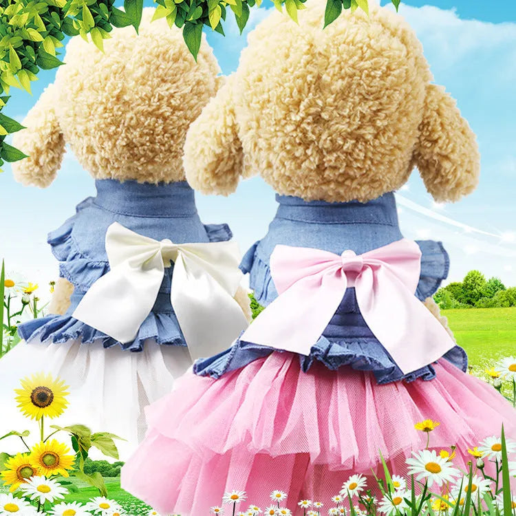 Korean version creative bow pet denim skirt in pink or white yarn for dogs