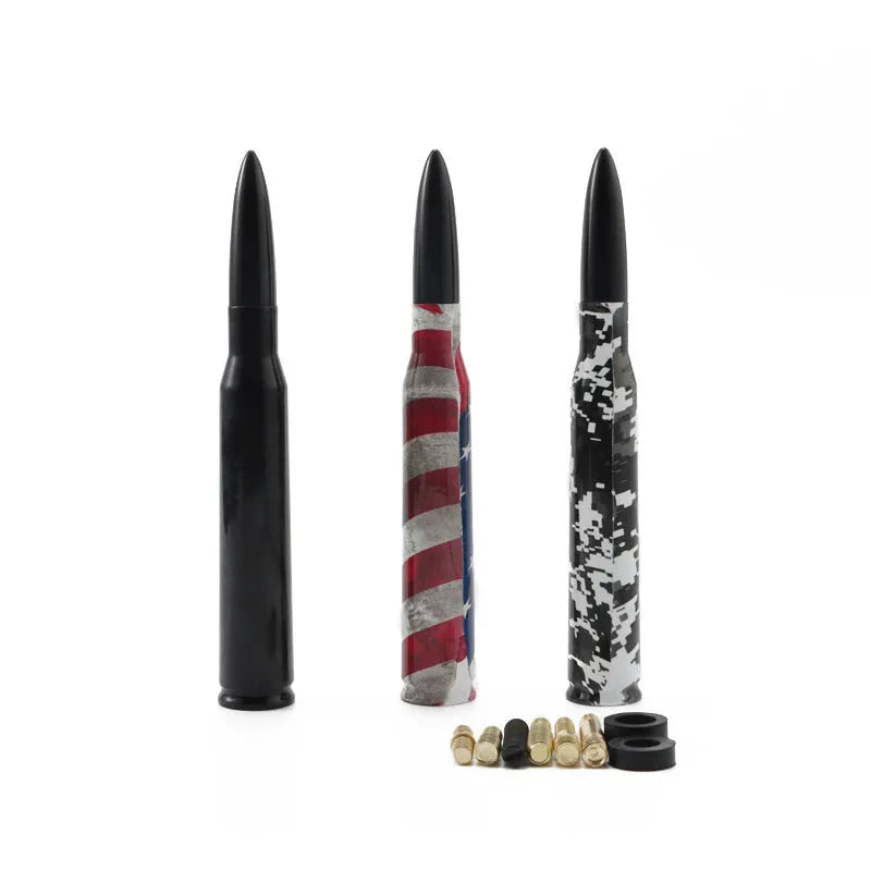 14cm bullet car antenna in camouflage green, American flag, and black colour options