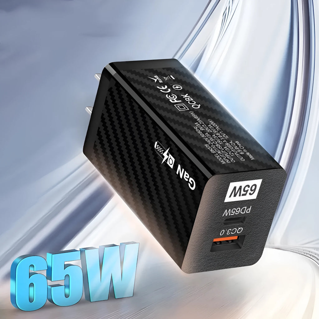 Gallium nitride 65W quick charger in white or black with international plug options for laptop charging