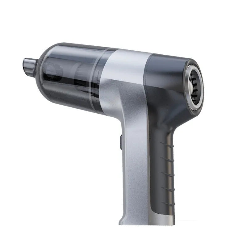 Wireless handheld car vacuum cleaner with brushes and nozzles on grey background
