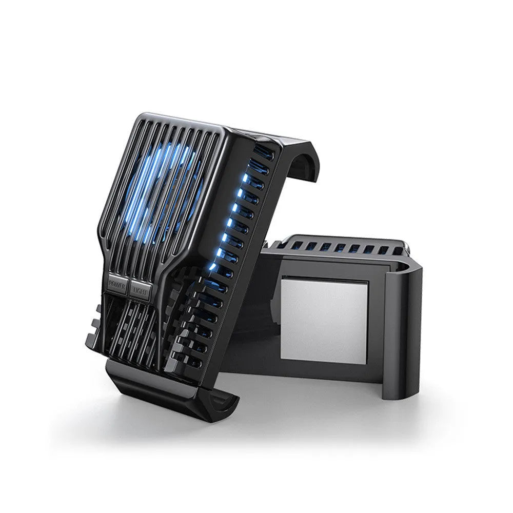 Black mobile phone radiator clip cooling fan for smartphones showing clip mechanism and aluminium alloy construction