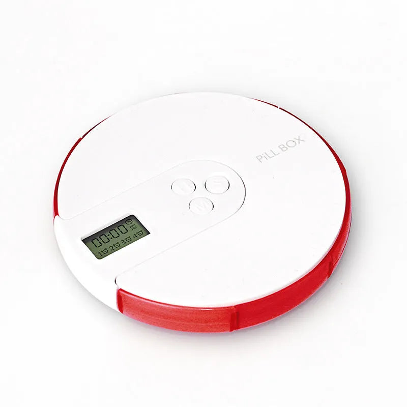 Blue 7-compartment weekly pill organiser with built-in digital alarm clock display, showing 11cm size.