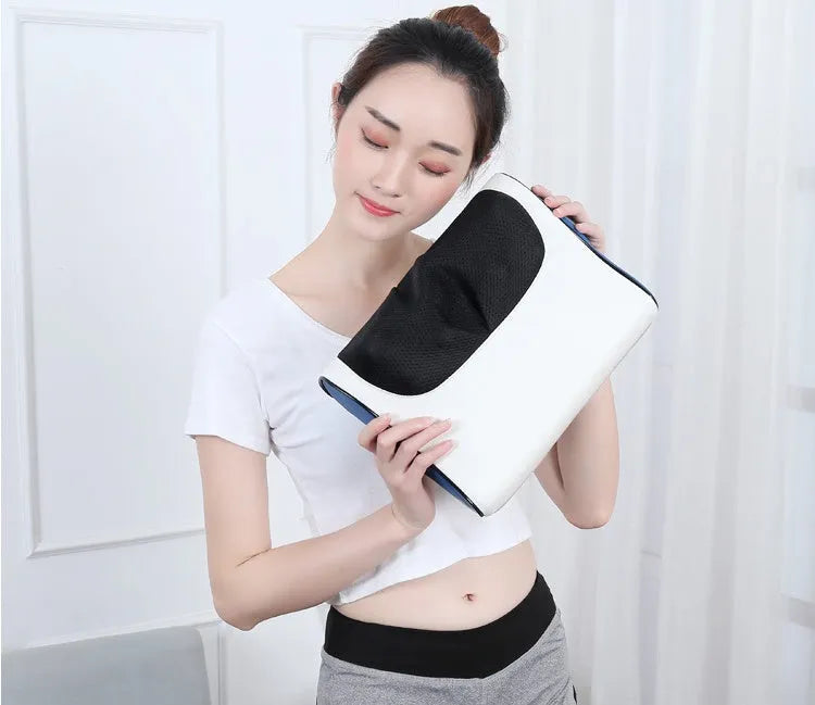 Electric cervical massage pillow with 16 heads in beige, rectangular trapezoid shape with computer control panel