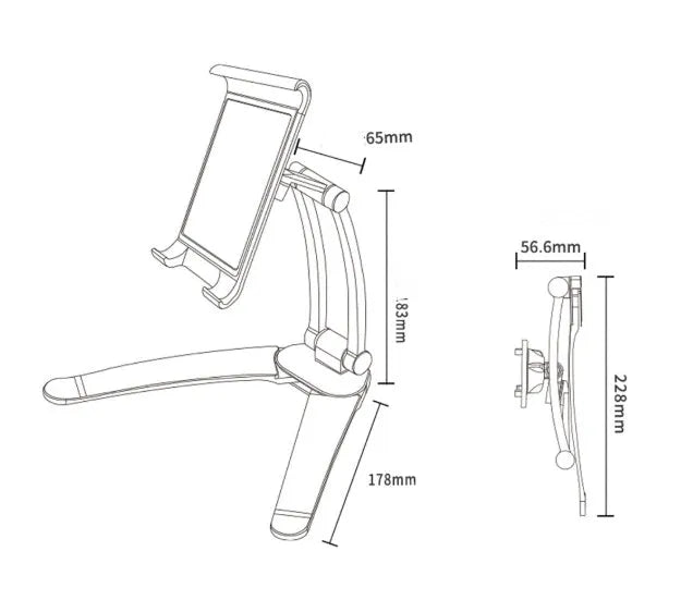 Silver aluminium desktop stand holding a tablet, showing 360-degree rotation and adjustable clamp mechanism.