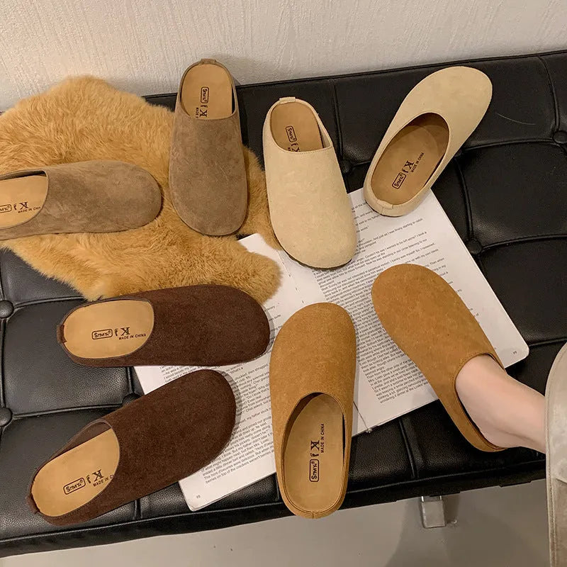 Boken Korean-style flat outdoor slippers in apricot, slip-on design with square toe and microfiber upper.