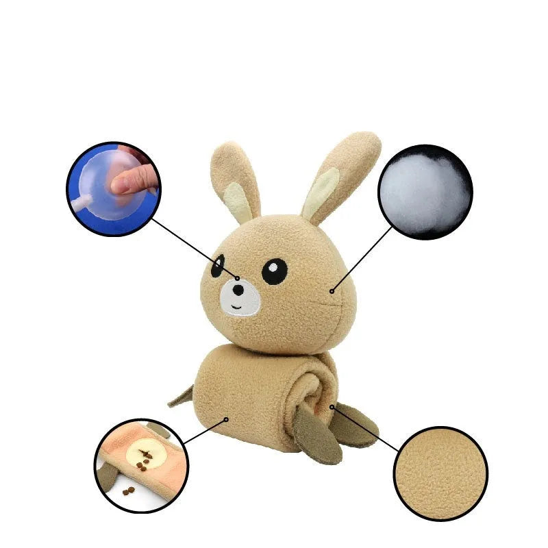 65cm plush dog training toy in poached bunny colour with food hiding compartments