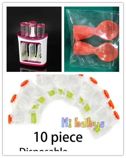 Baby food maker squeeze station pressing homemade fruit puree into 4oz pouch on countertop