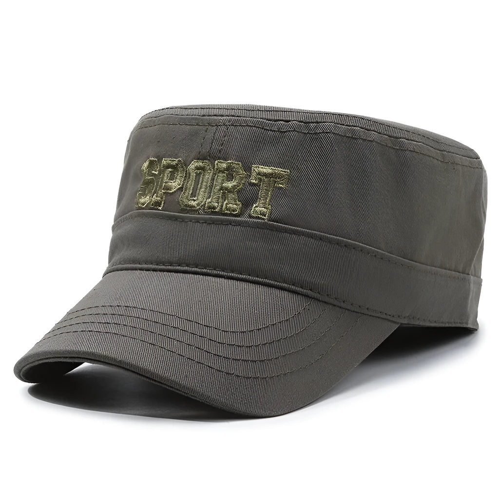 Men's flat-top peaked cotton cap in army green with an adjustable strap and dome crown.