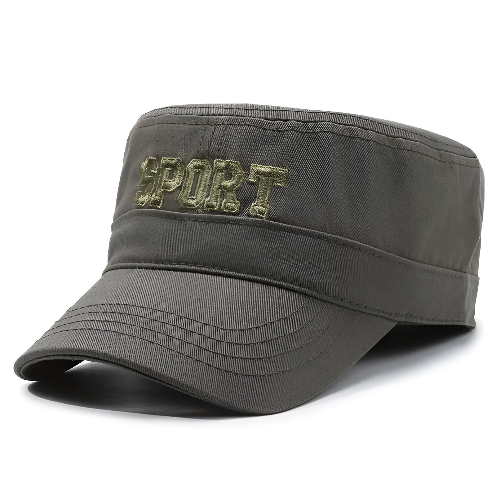 Men's flat-top peaked cotton cap in army green with an adjustable strap and dome crown.