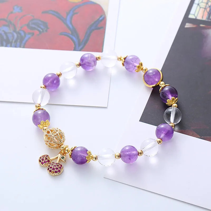 Purple and amethyst crystal bracelet with a manually micro-inlaid cherry flower design.