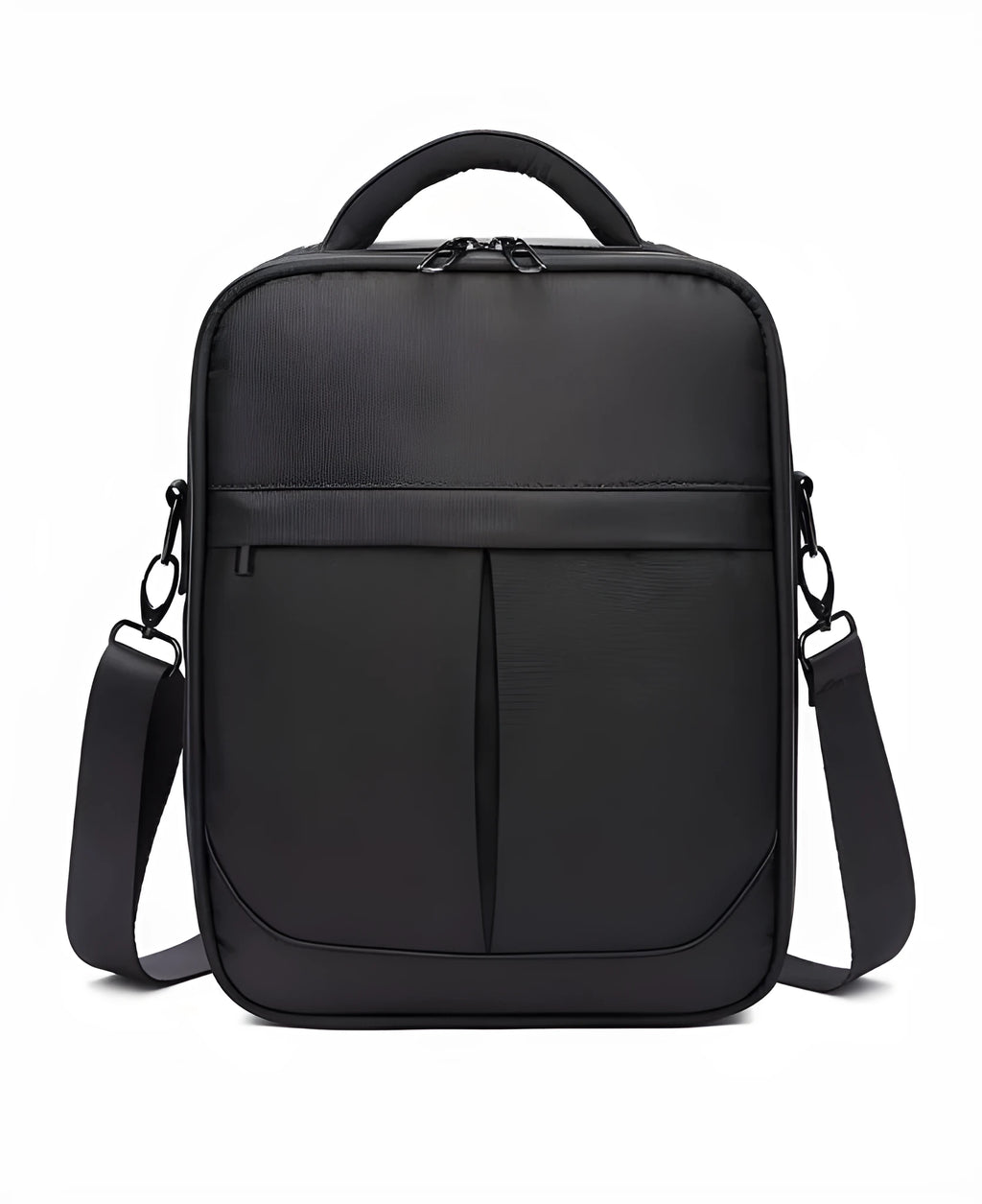 Black men's messenger bag made from Oxford fabric showing shoulder strap and main compartment.