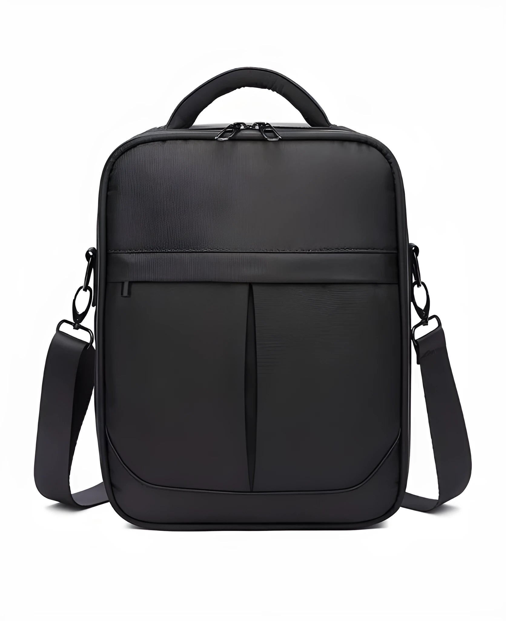 Black men's messenger bag made from Oxford fabric showing shoulder strap and main compartment.