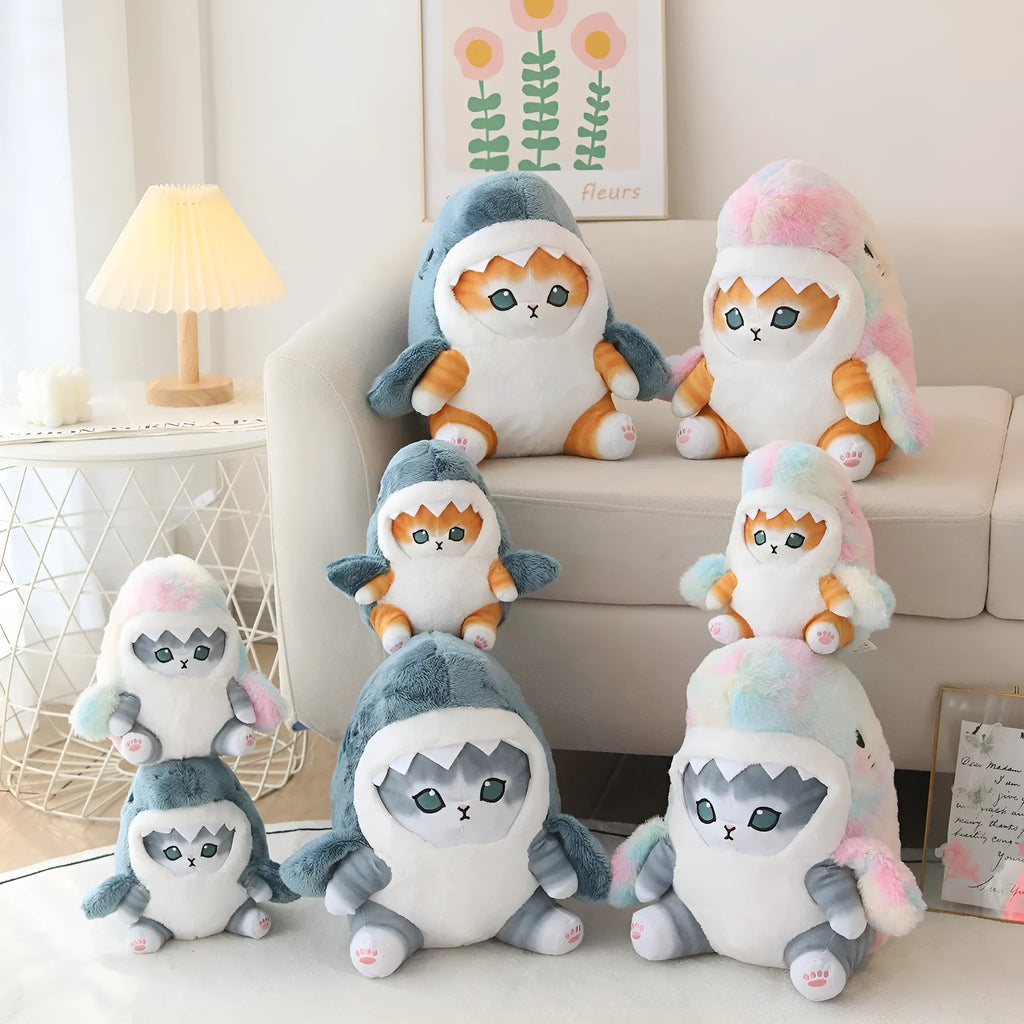 Cartoon shark cat plush doll in grey blue transforming into a doll with PP cotton filling, 33cm height