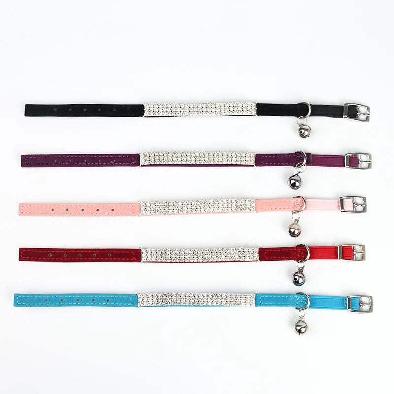 Red velvet cat collar with rhinestones, showing adjustable strap and 1cm width.