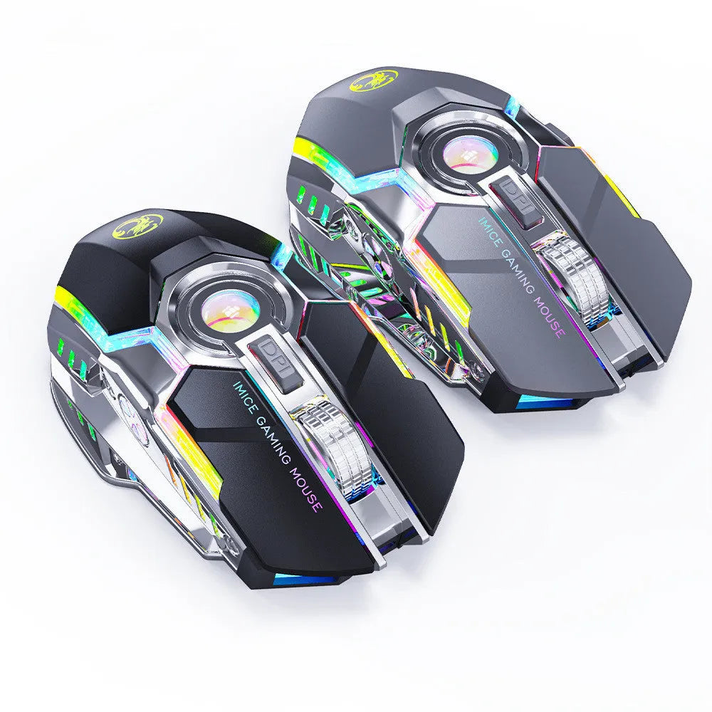 Seven-button wireless gaming mouse with horse racing design, RGB lighting, and silent charging in black and grey colour options.