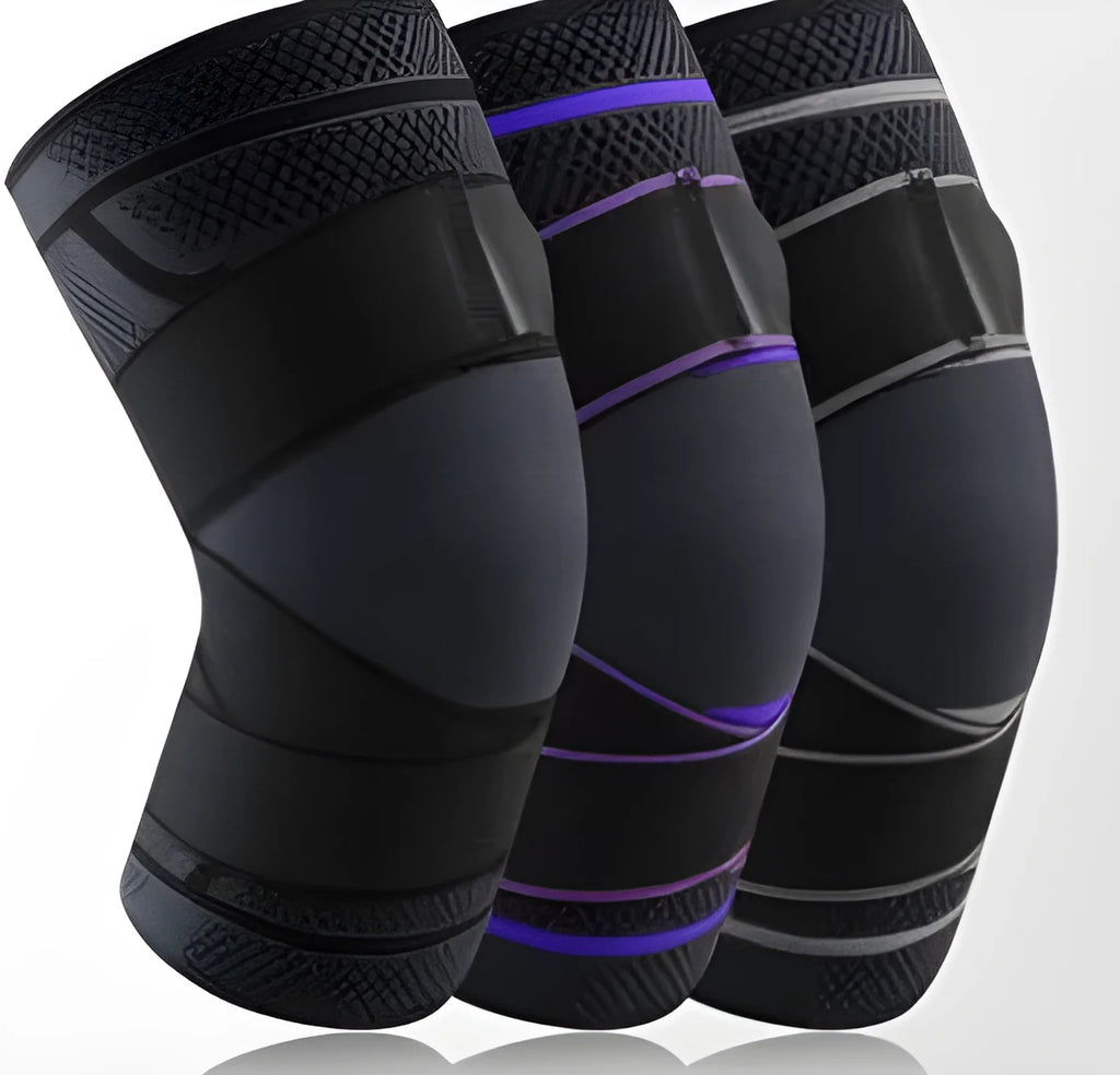 Adjustable sports knee pad with silicone non-slip strip in black knitted fabric