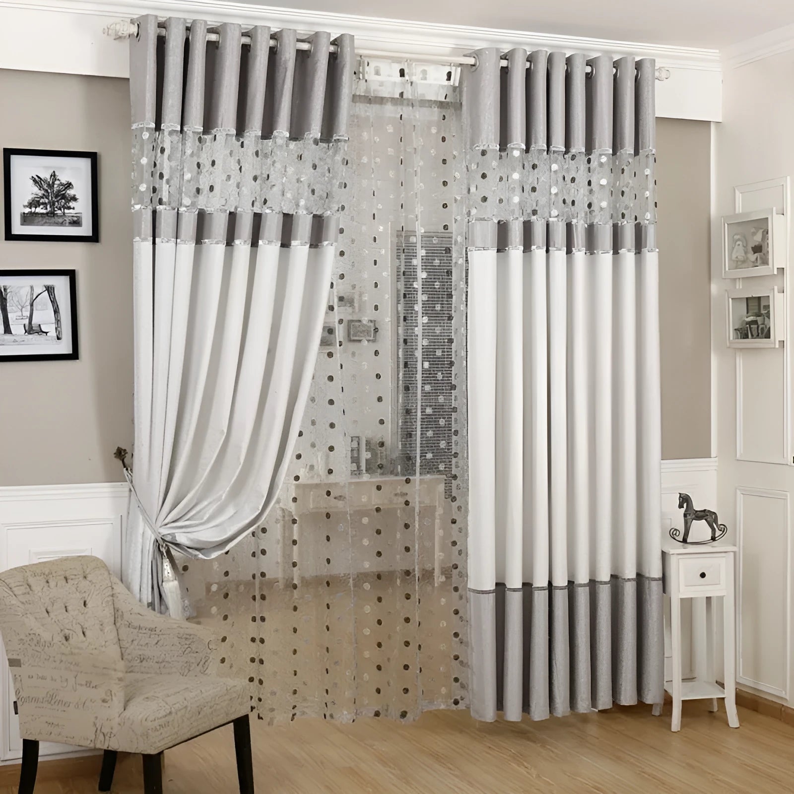 Custom blackout curtain panel showing fabric texture and hanging options