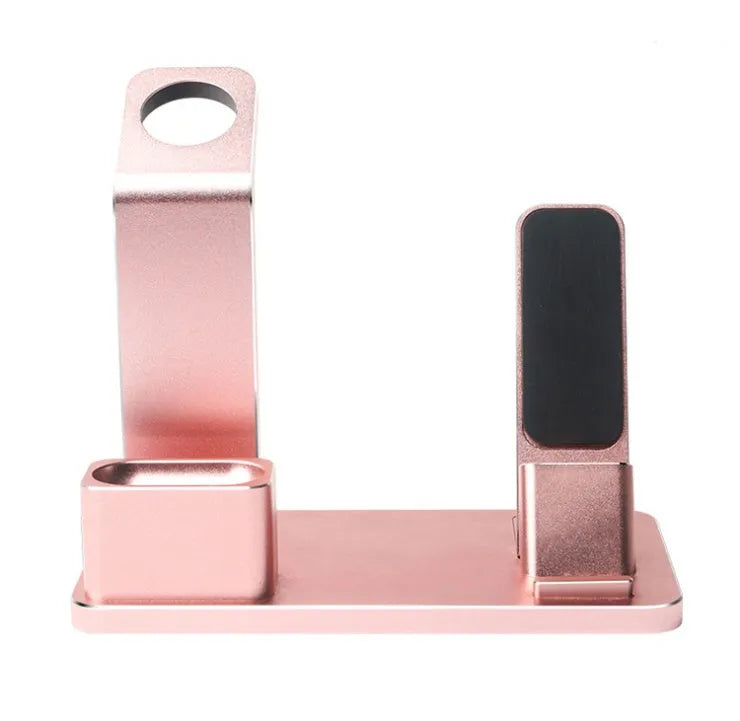 Three-in-one aluminium alloy charging bracket for Apple Watch iPhone AirPods on desk with non-slip base