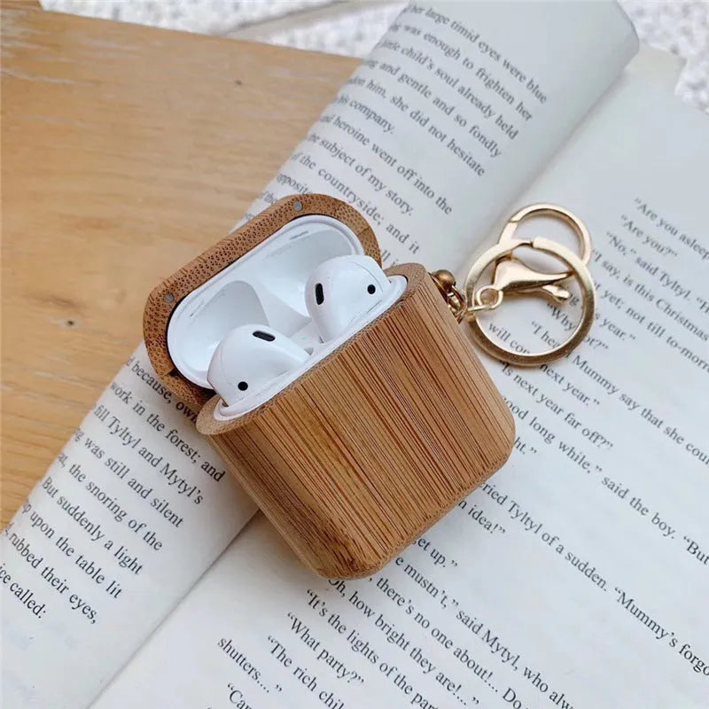 Bamboo AirPods cover with carbonised wood grain finish for generation 1 and 2 models
