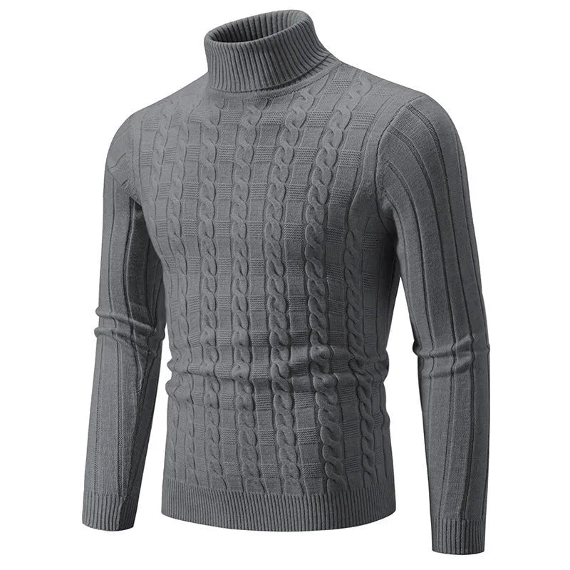 Men's slim fit twist turtleneck pullover sweater in chenille spandex fabric on a model.