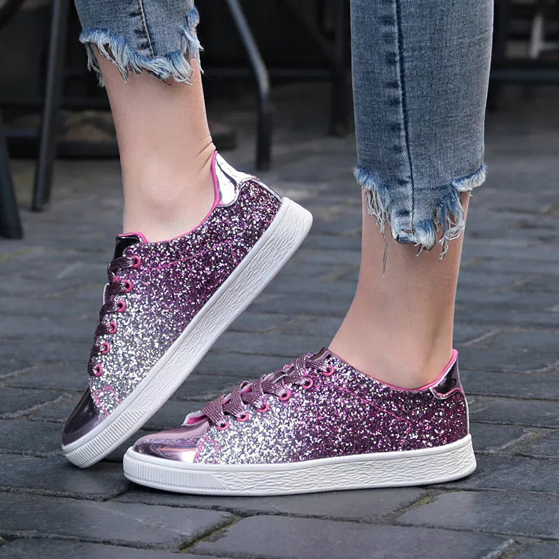 Women's colourful sequin low-top casual shoes in black, gold, or pink with lace-up front