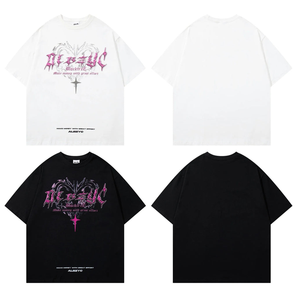 Men's black printed cotton T-shirt with retro graphic design and loose fit