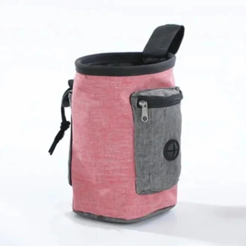 Portable pet training waist bag in blue with adjustable elastic design and waste bag pocket