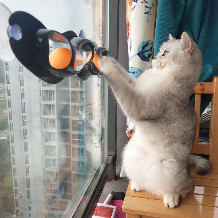 Grey plastic cat climbing frame with track ball toy on a windowsill, approximately 57cm long and 10cm wide
