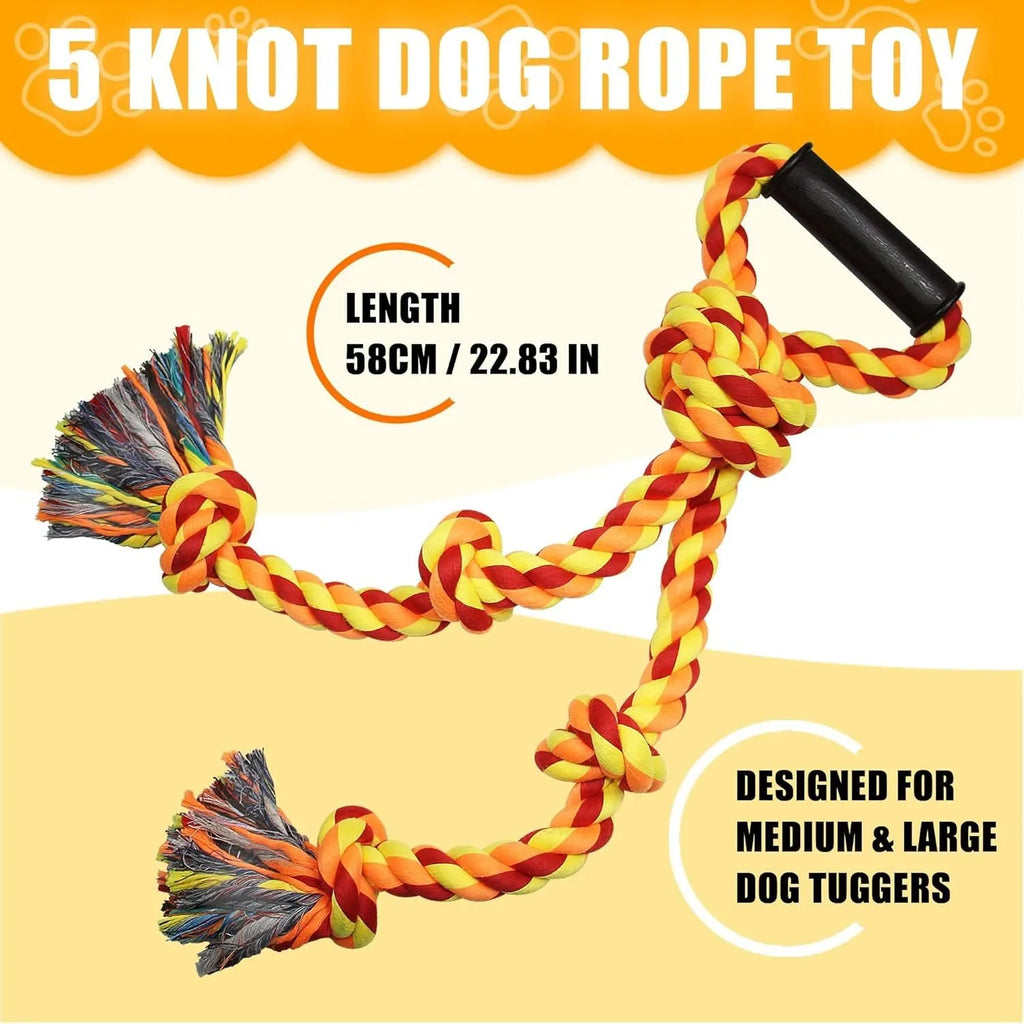 Blue and yellow cotton rope dog toy with handle for large breed tug-of-war