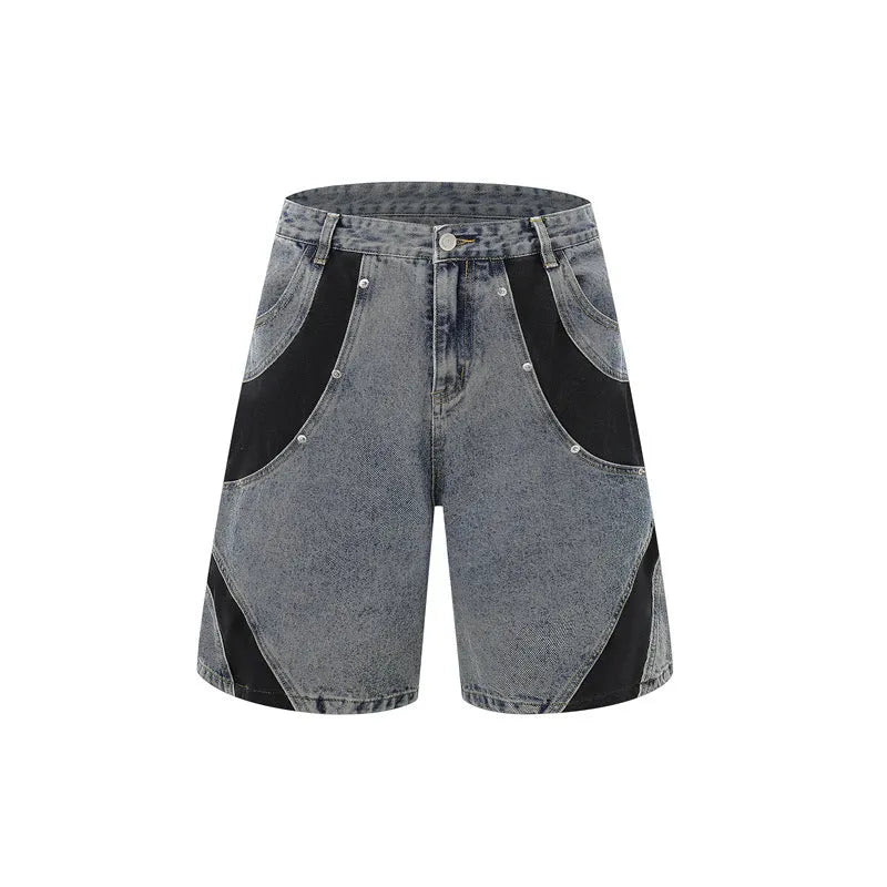 Retro washed denim short-sleeve suit jacket and matching trousers in blue, laid flat.