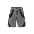 Retro washed denim short-sleeve suit jacket and matching trousers in blue, laid flat.