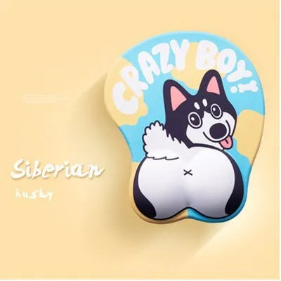 Cute 3D corgi butt mouse pad with raised wrist cushion on a desk