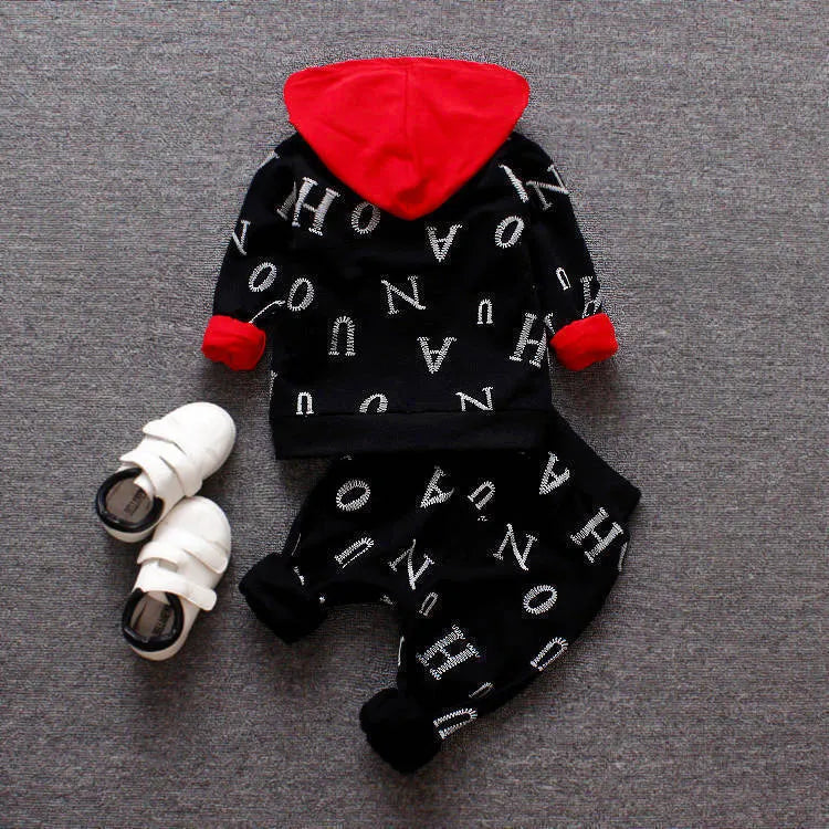 Red and white long sleeve children's clothing set made from polyester and vinylon blend fabric