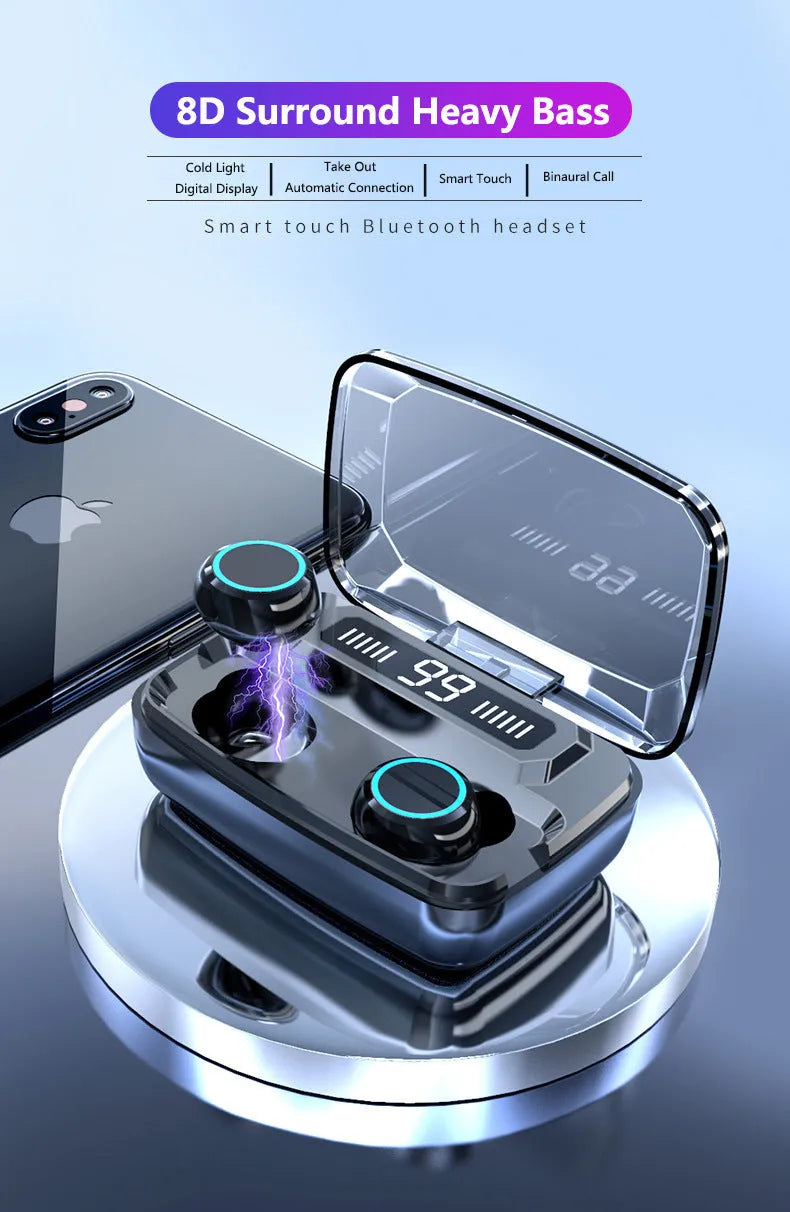 Black M11 Bluetooth wireless neckband headset with digital display and integrated mobile phone holder.