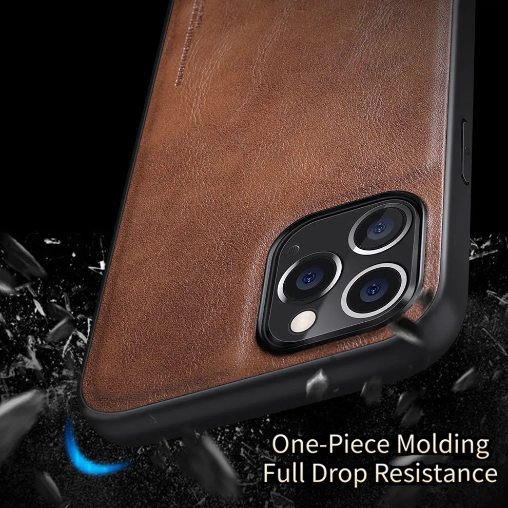 Black PU leather and TPU business phone case for iPhone 12 on a wooden table