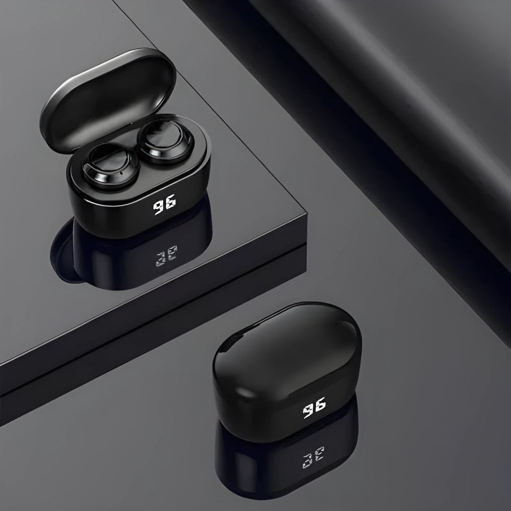 Black stereo Bluetooth wireless earbuds with earplug design for hands-free calls and music.