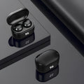 Black stereo Bluetooth wireless earbuds with earplug design for hands-free calls and music.