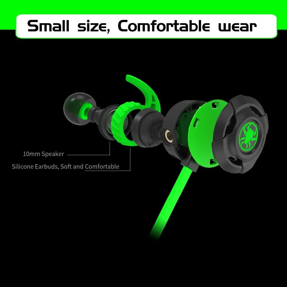 Shuangmai wired in-ear computer gaming headset in black, green, and red colours showing 1.5 cm cable.